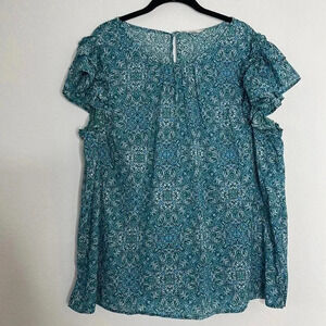 Terran & Sky Blouse in 1X - Beautiful Print and Ruffle Sleeves!